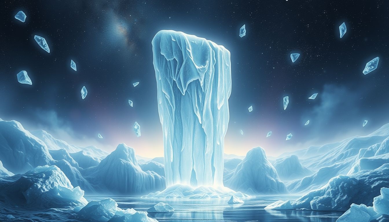 Een bevroren waterval symboliseert stilstand en innerlijke transformatie.