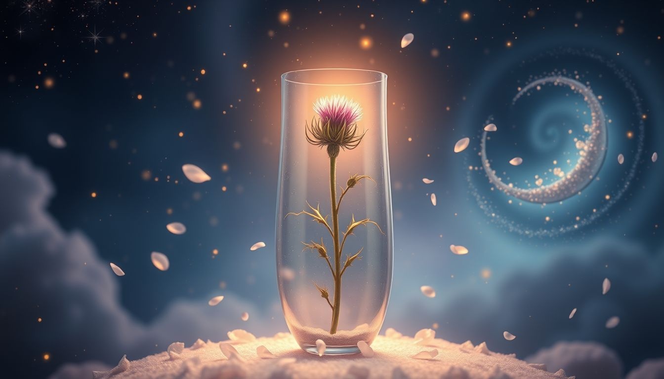 Een distel in een vaas symboliseert onverwachte schoonheid en kracht.