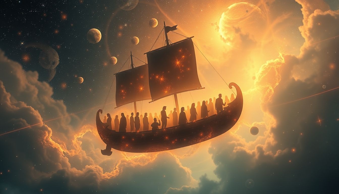 Een schip vol mensen symboliseert verbondenheid en nieuwe kansen.