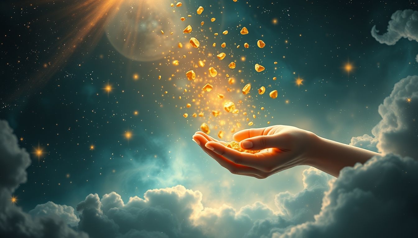 Goudnuggets weggeven symboliseert het delen van waardevolle kansen.