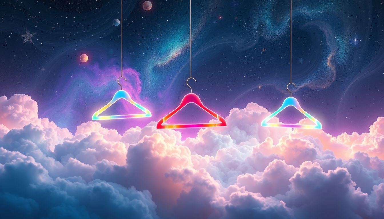 Kleerhangers in kleuren symboliseren veelzijdigheid en persoonlijke keuzes in dromen.