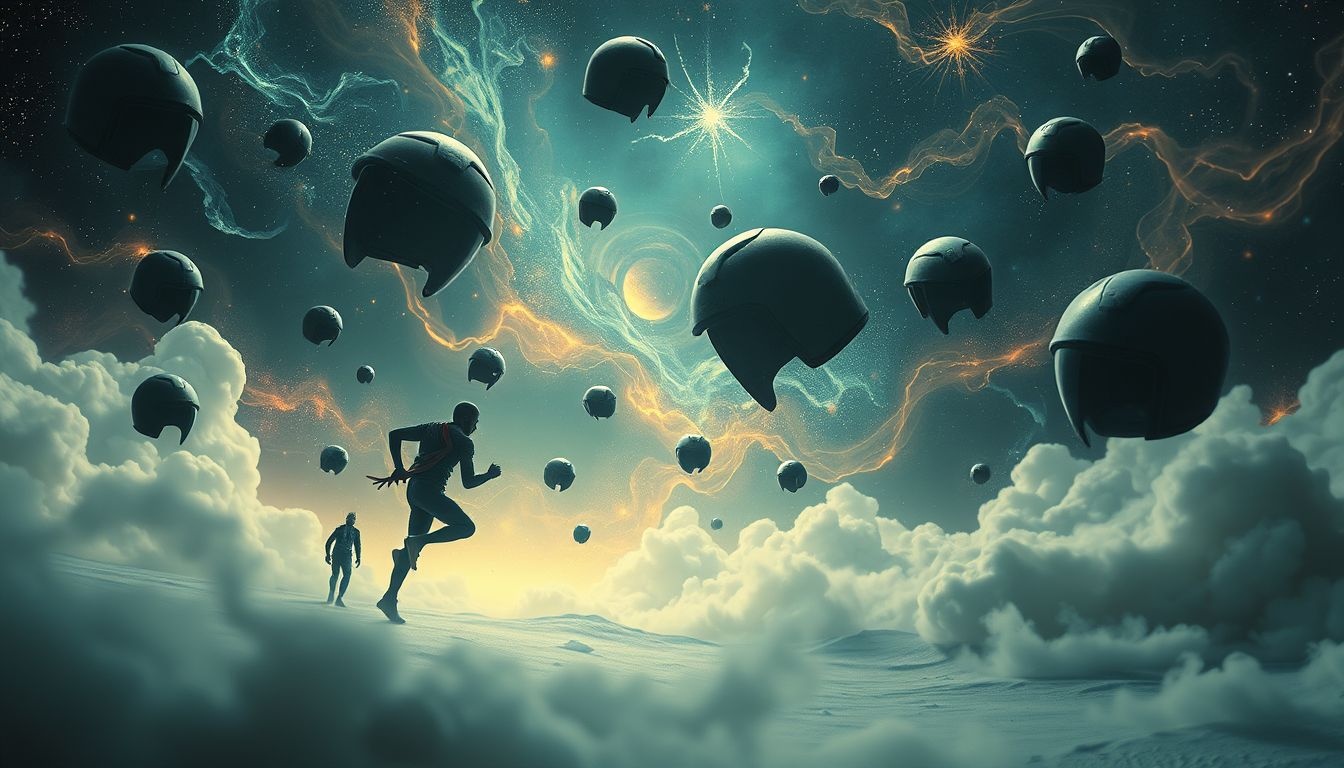 Wegrennen voor een gehelmde figuur symboliseert ontwijking van confrontaties.