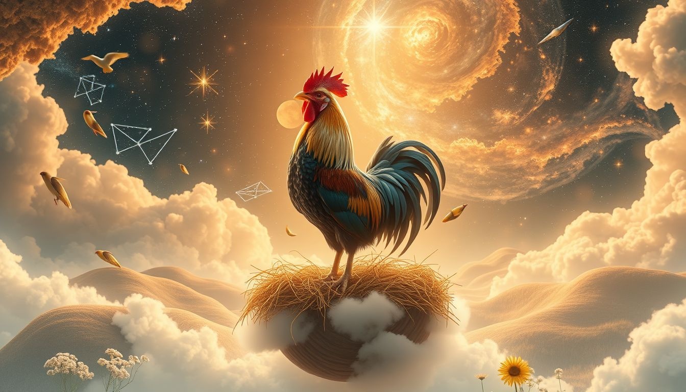 Een haan op het platteland symboliseert waakzaamheid en nieuwe kansen.