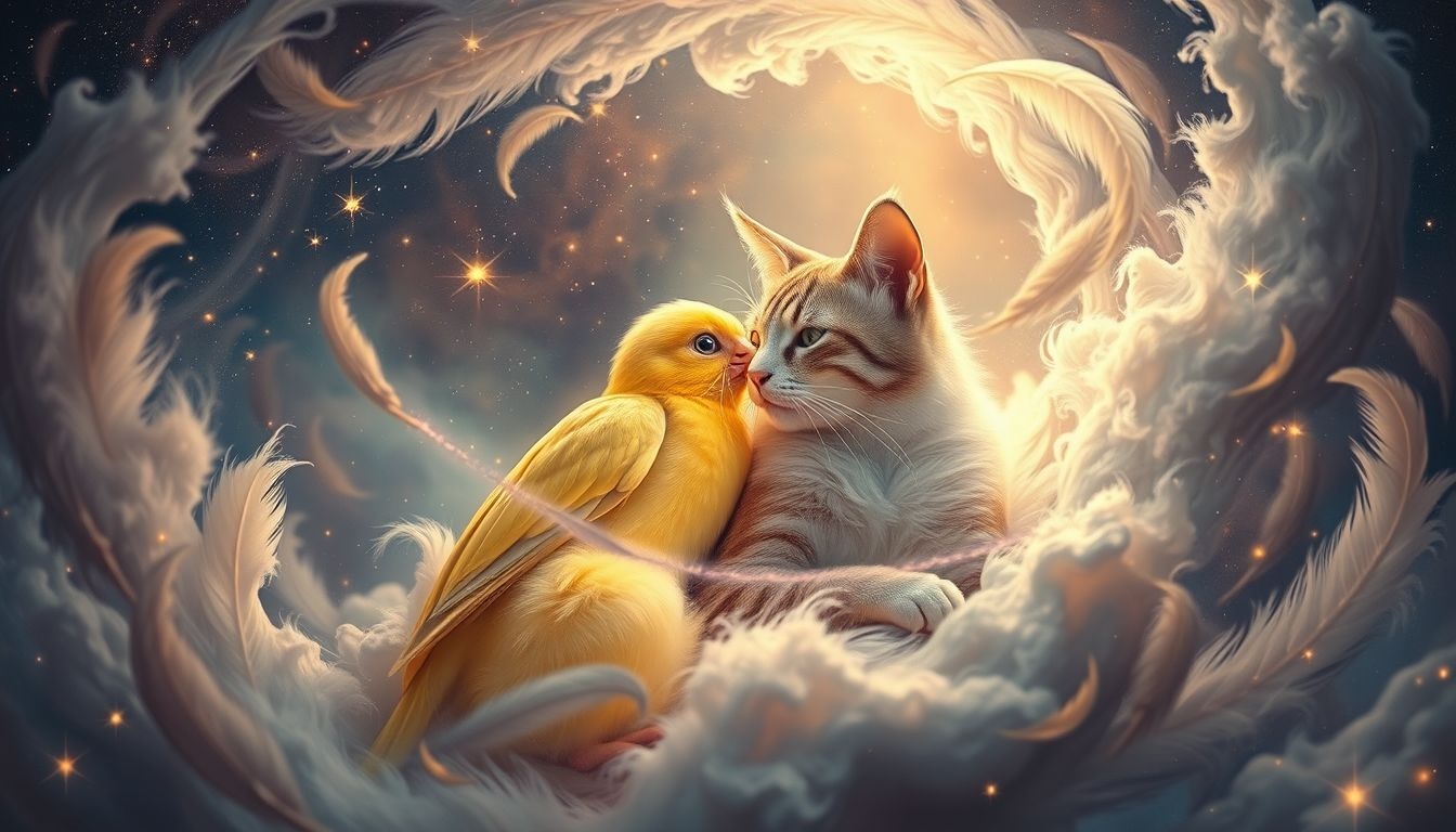 Een kanarie en kat samen symboliseren innerlijk conflict en balans.