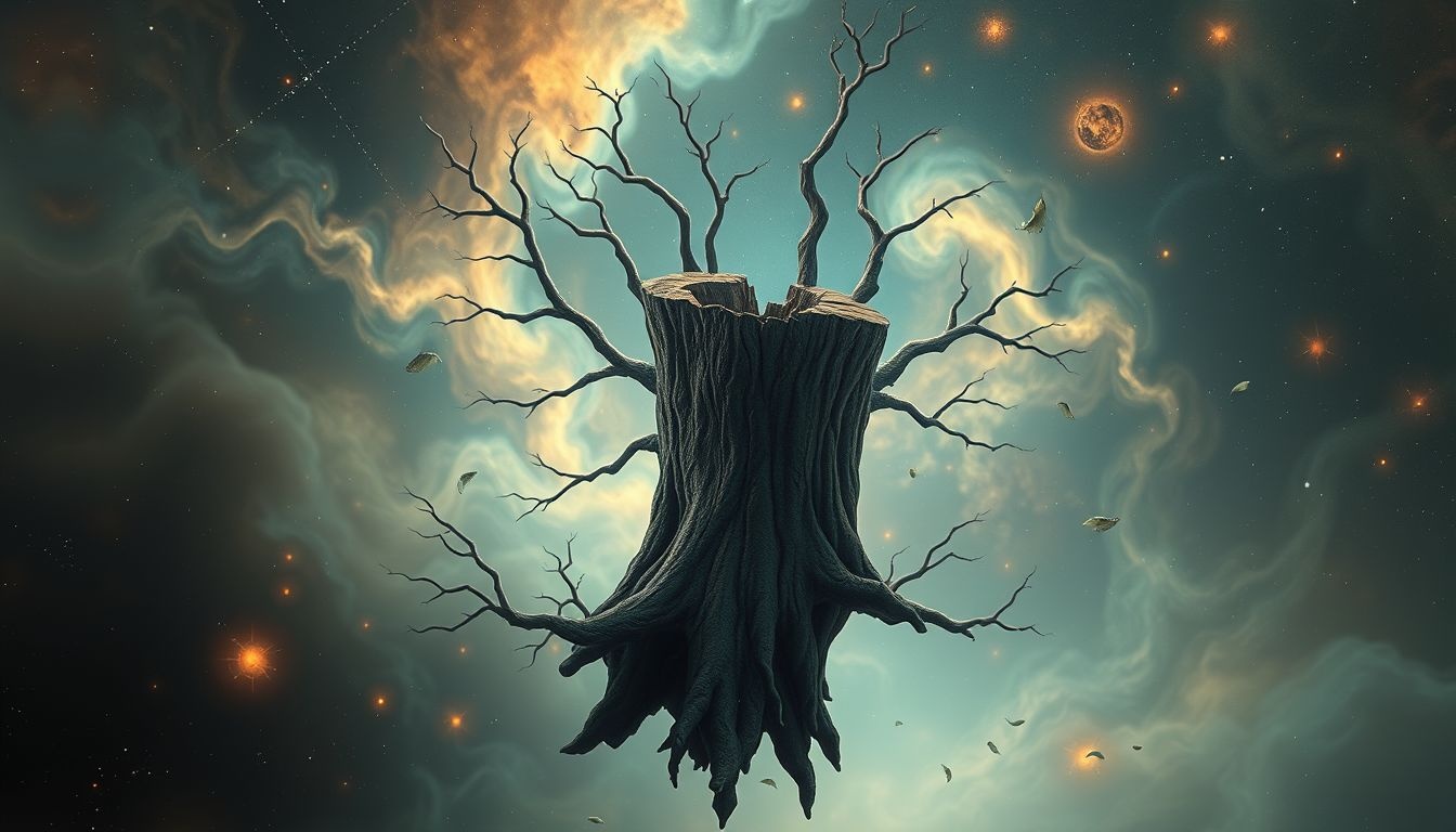 Een onthoofde boom symboliseert het verlies van levensenergie.