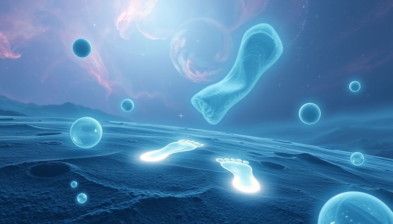 Voetstappen op vreemde planeten symboliseren ontdekkingsdrang en nieuw begin.