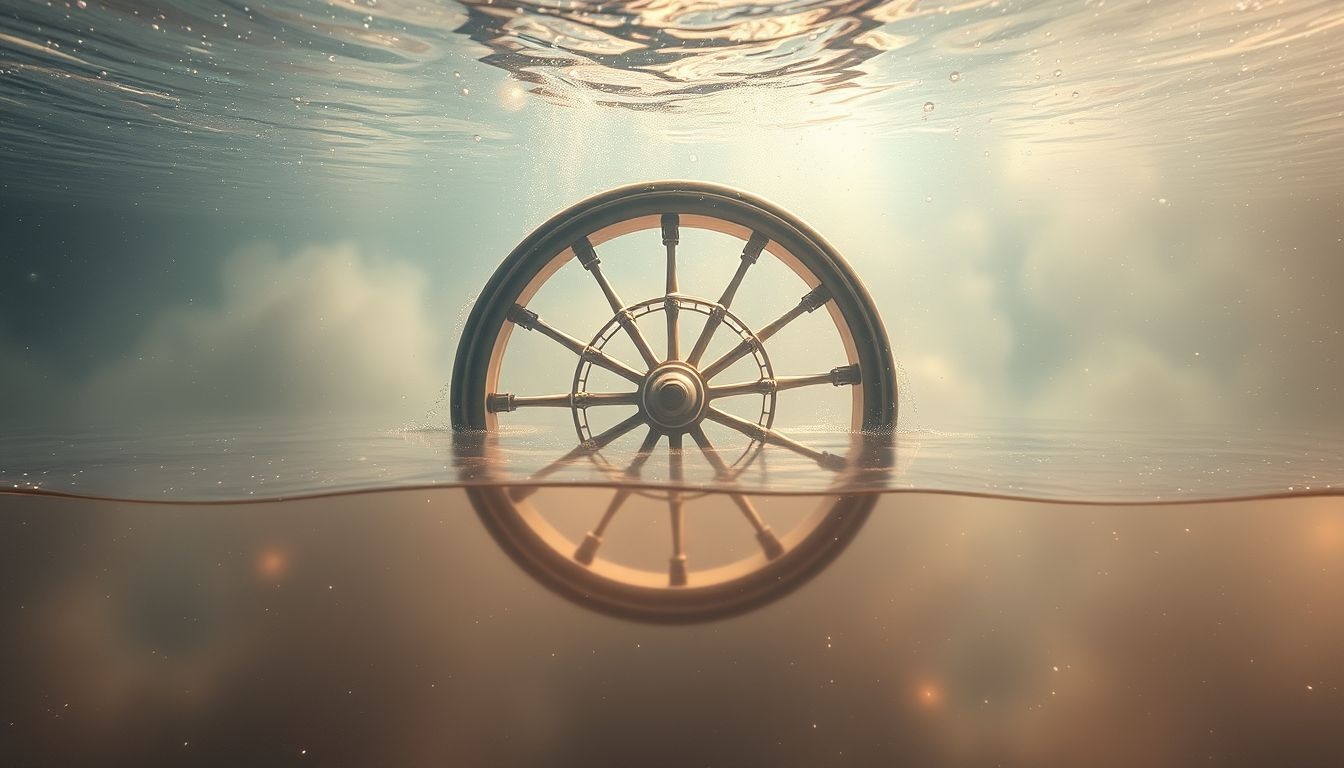 Een wiel onder water symboliseert verborgen emoties en onbewuste beweging.