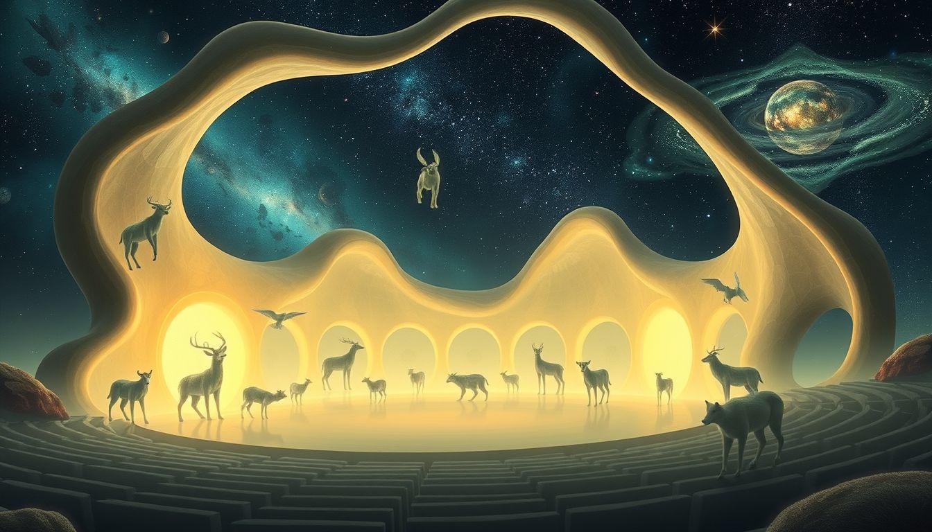 Een amfitheater vol dieren symboliseert innerlijke conflicten en instincten.