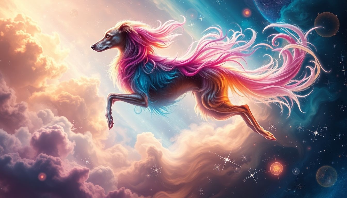 Een meerkleurige windhond symboliseert veelzijdigheid en innerlijke harmonie.