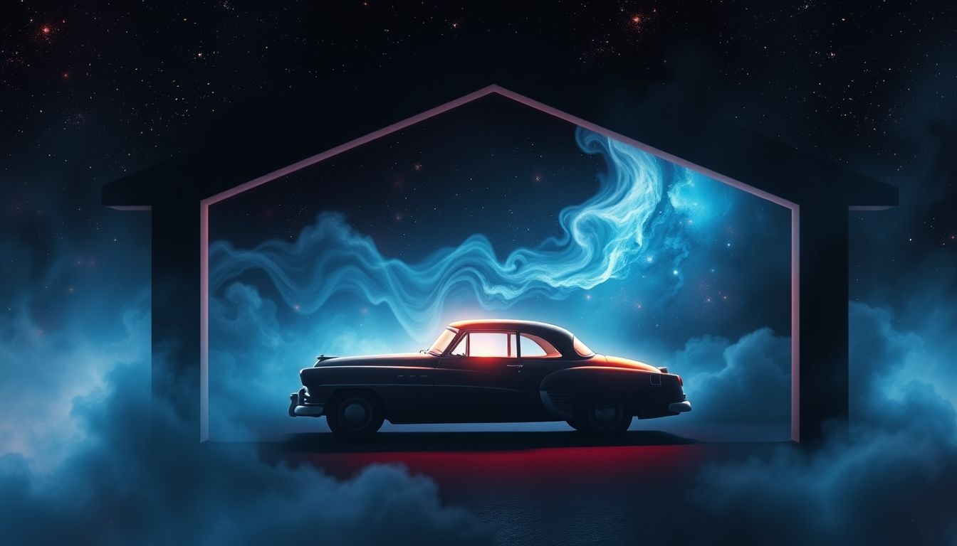 Een oude auto in een garage symboliseert vergeten herinneringen en kansen.