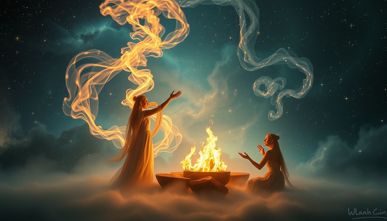 Een ritueel met vuur symboliseert transformatie en innerlijke reiniging.