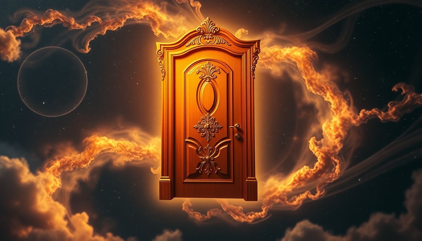 Droom 17 symboliseert nieuwe kansen achter een mahoniehouten deur.