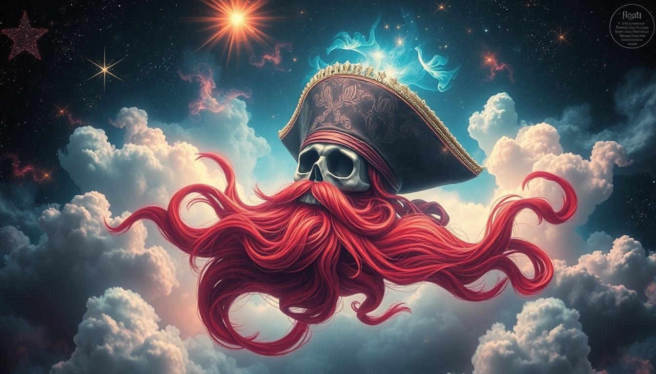 Een rode baard met piratenhoed symboliseert avontuur en rebellie.