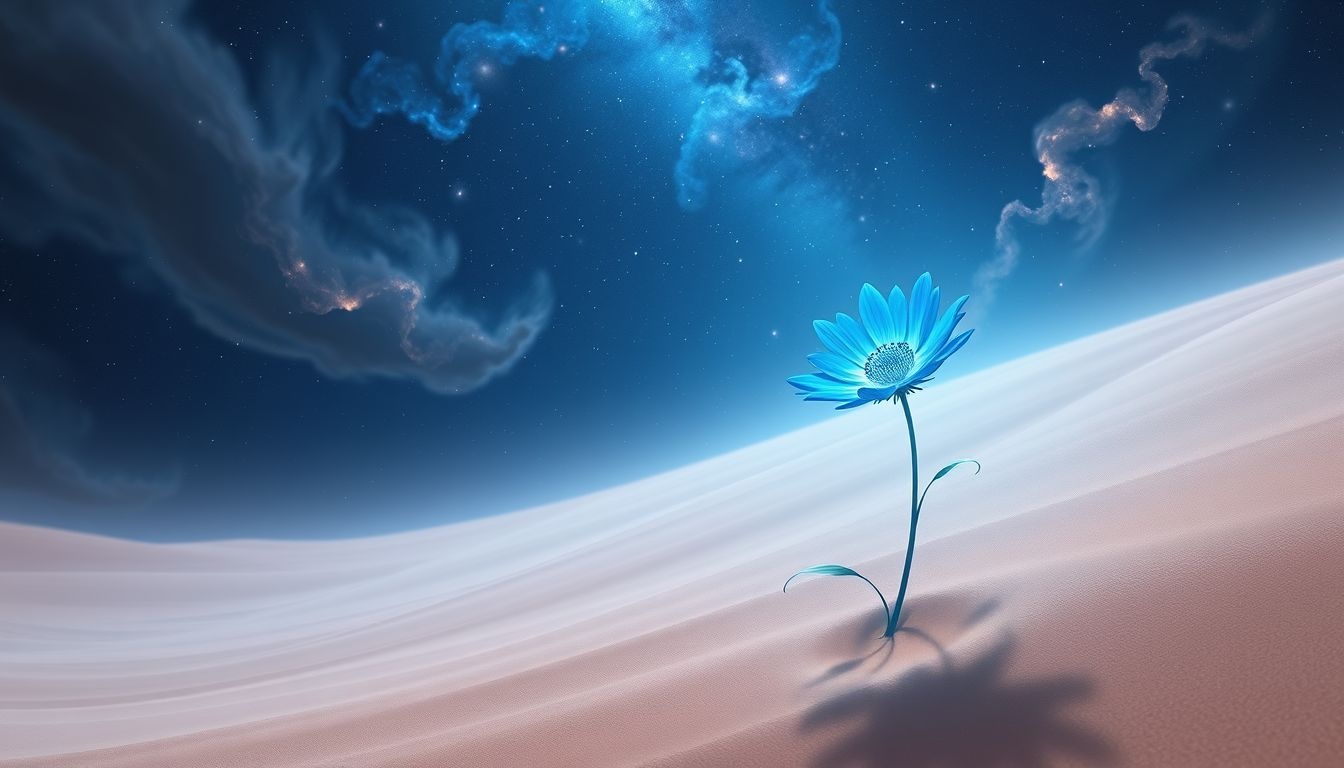 Een blauwe camassia in woestijn symboliseert hoop en eenzaamheid.