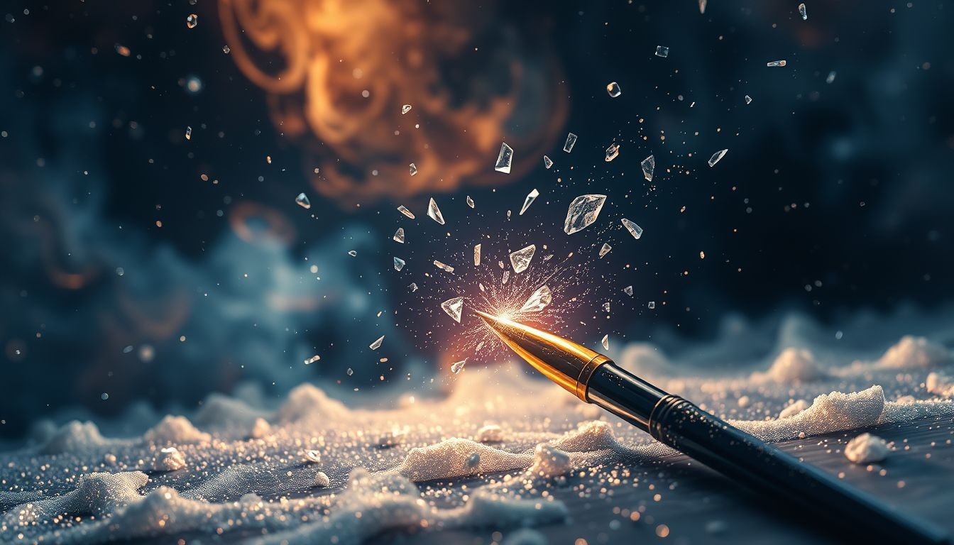 Het knakken van een pen symboliseert plotselinge creatieve doorbraken.