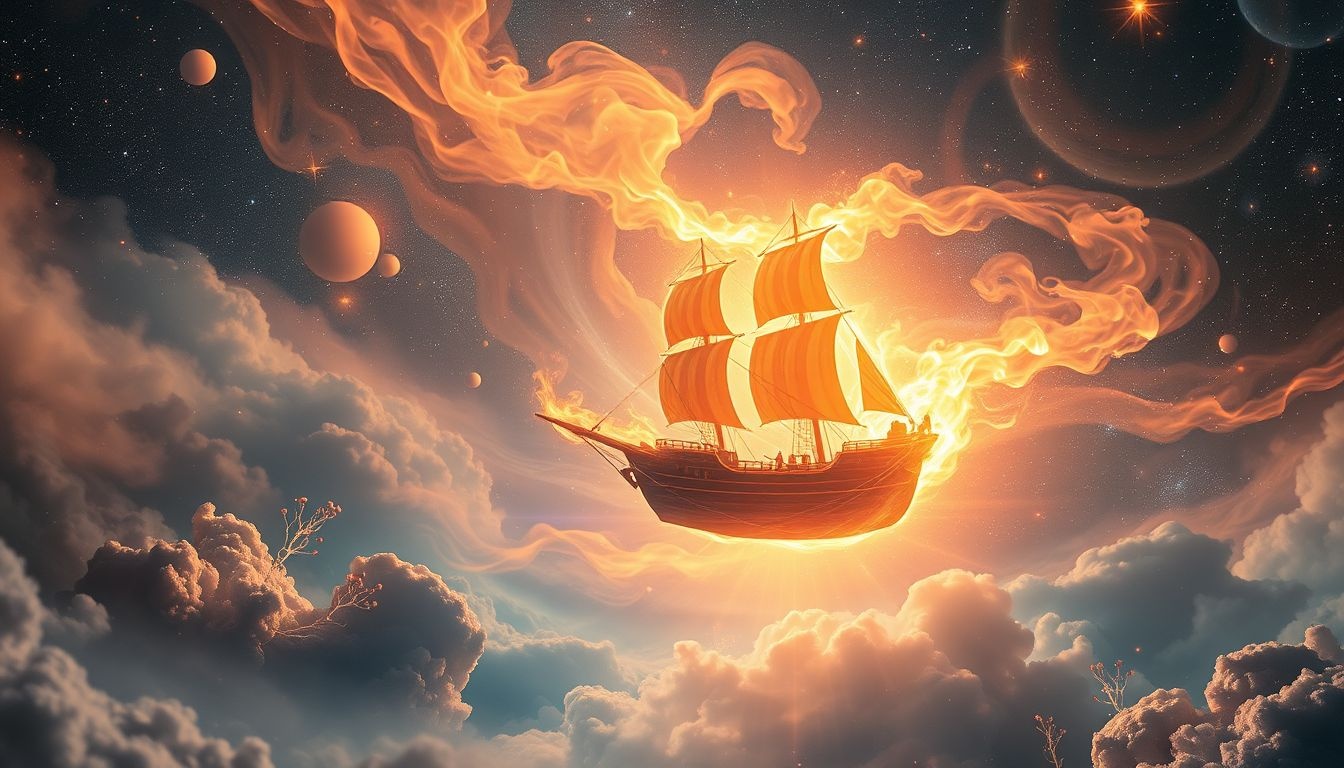 Een brandend schip symboliseert verloren controle en intens emotioneel conflict.