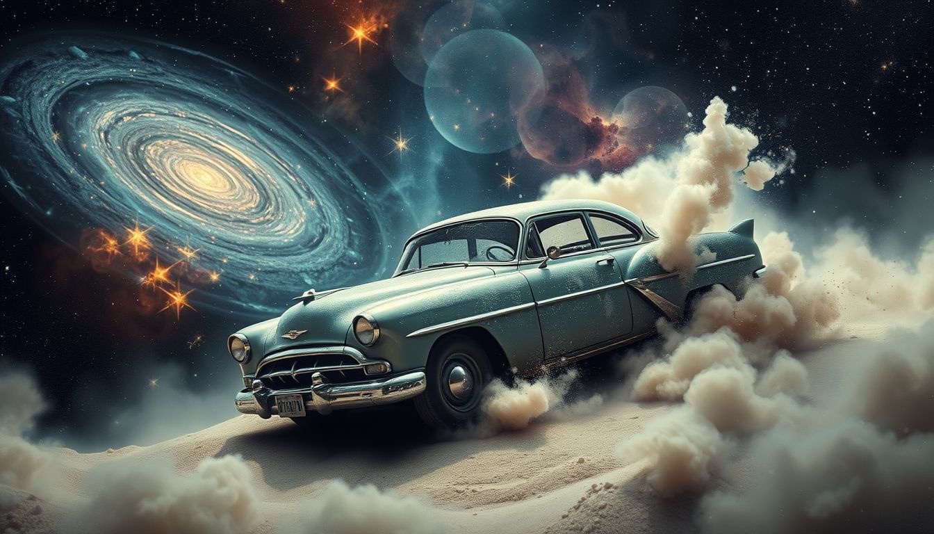 Een ongeluk met een oude auto symboliseert verloren controle over verleden.