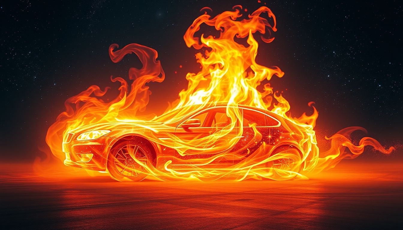 Een auto die ontbrandt symboliseert verlies van controle en stress.