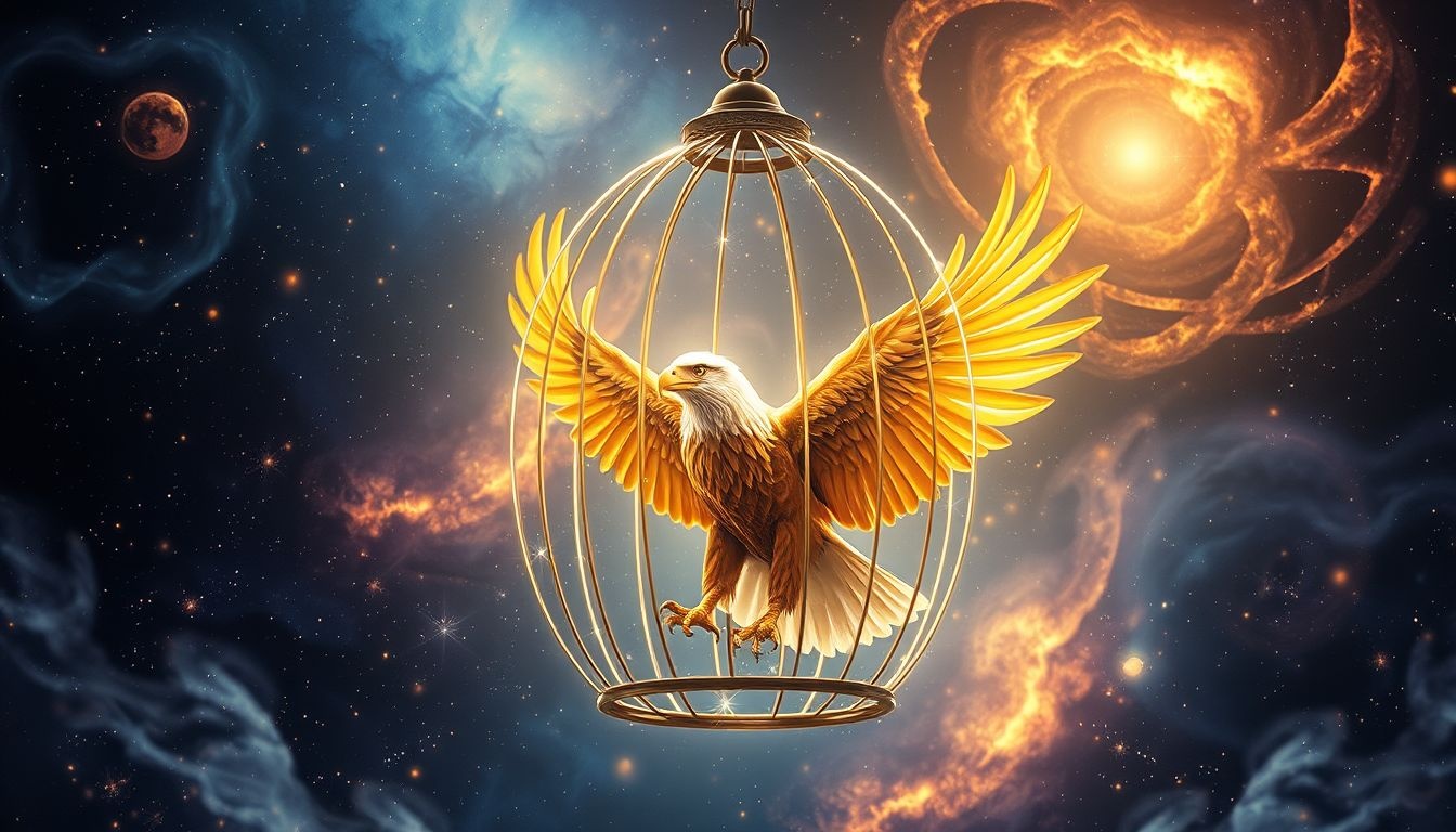 Een koningsarend in een kooi symboliseert onderdrukte vrijheid en macht.