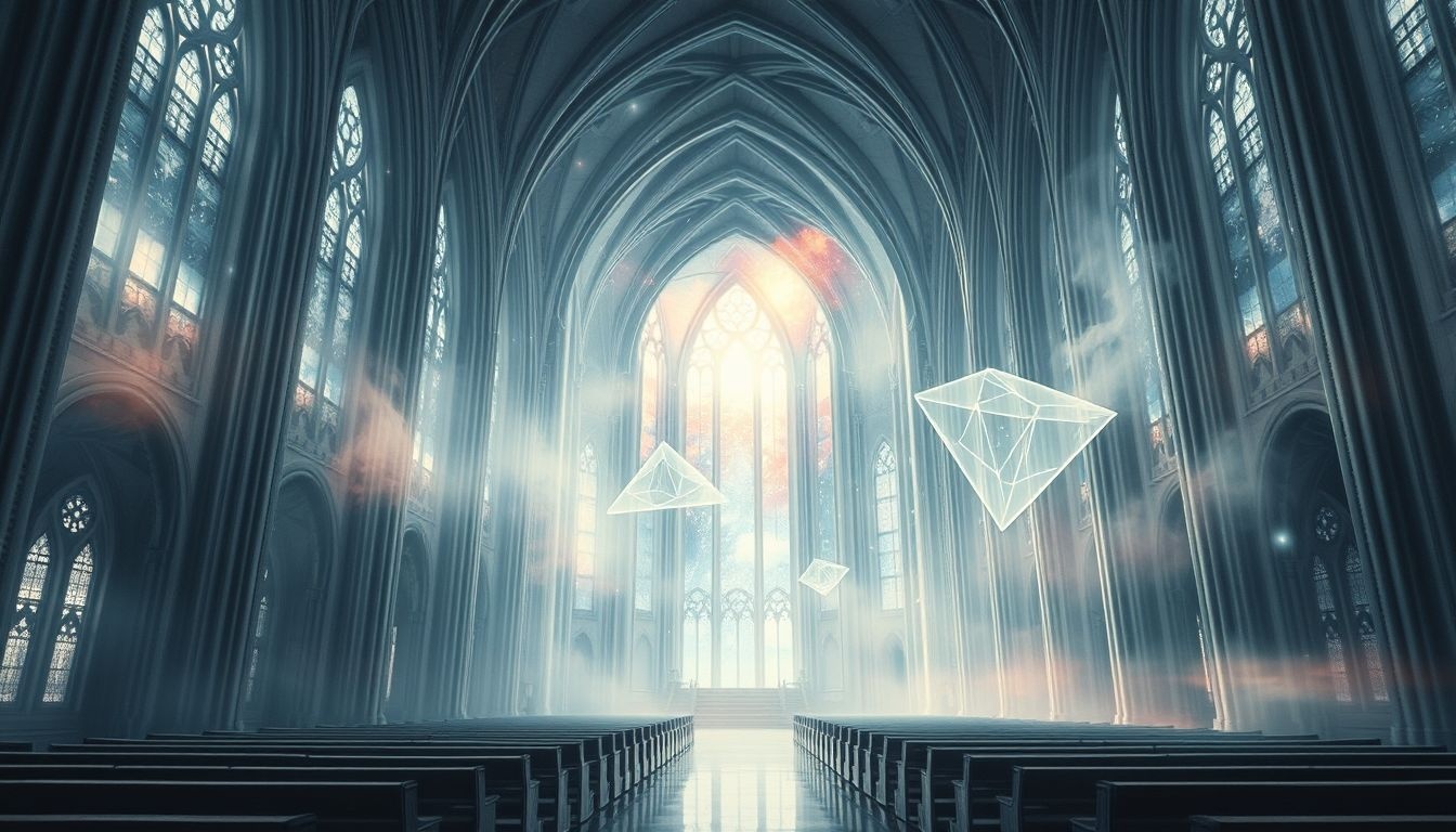 Een lege kathedraal symboliseert innerlijke leegte en spirituele zoektocht.