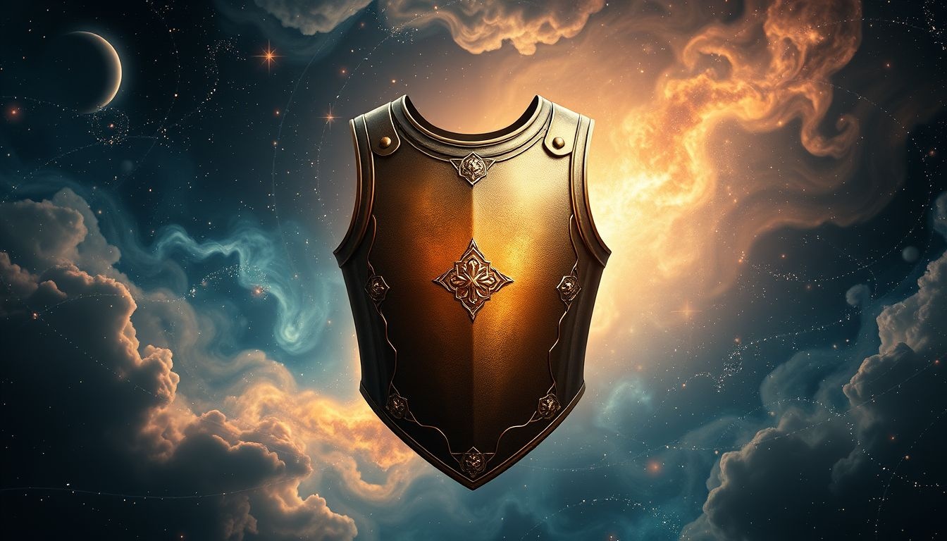 Een borstplaat van brons symboliseert stevigheid en innerlijke kracht.