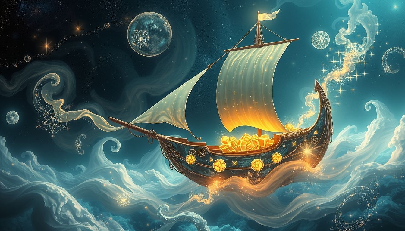 Een galei vol met schatten symboliseert onverwachte overvloed en succes.