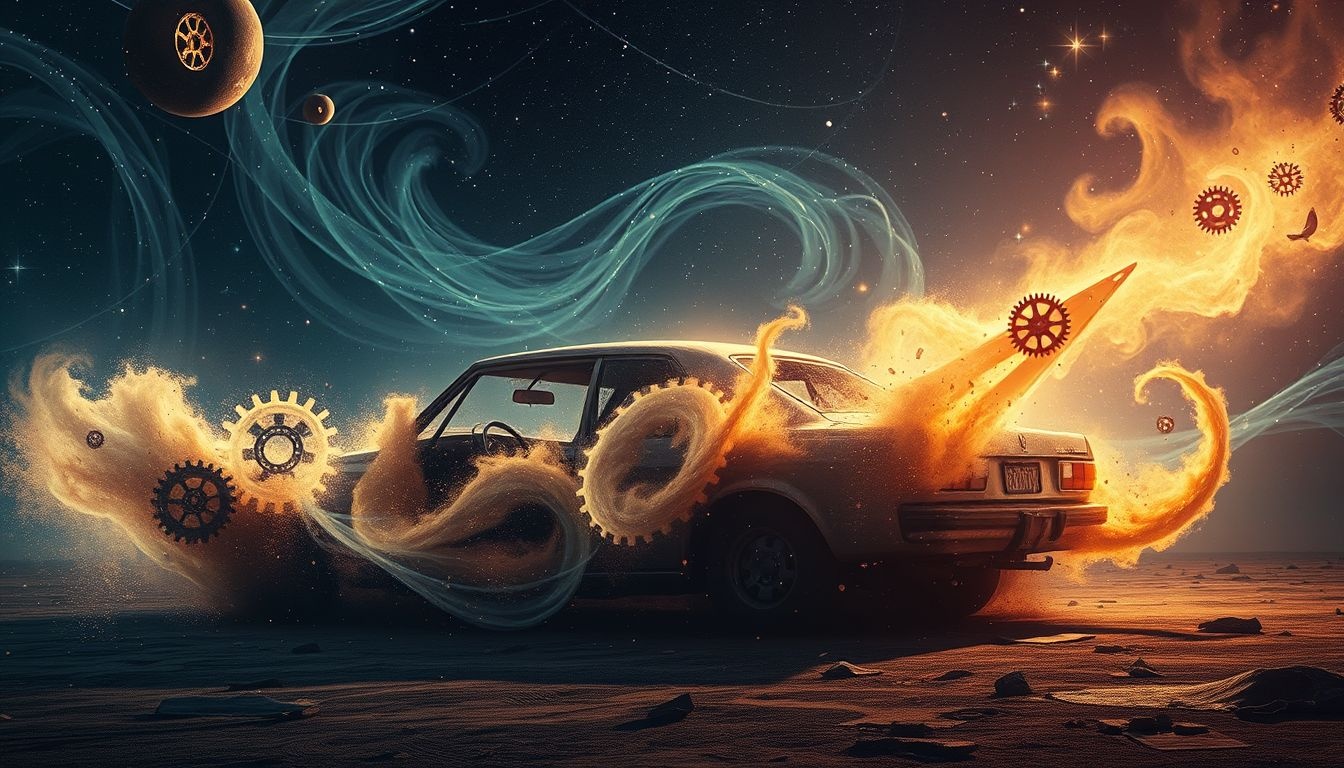 Een oude auto die faalt symboliseert vastzitten in oud gedrag.