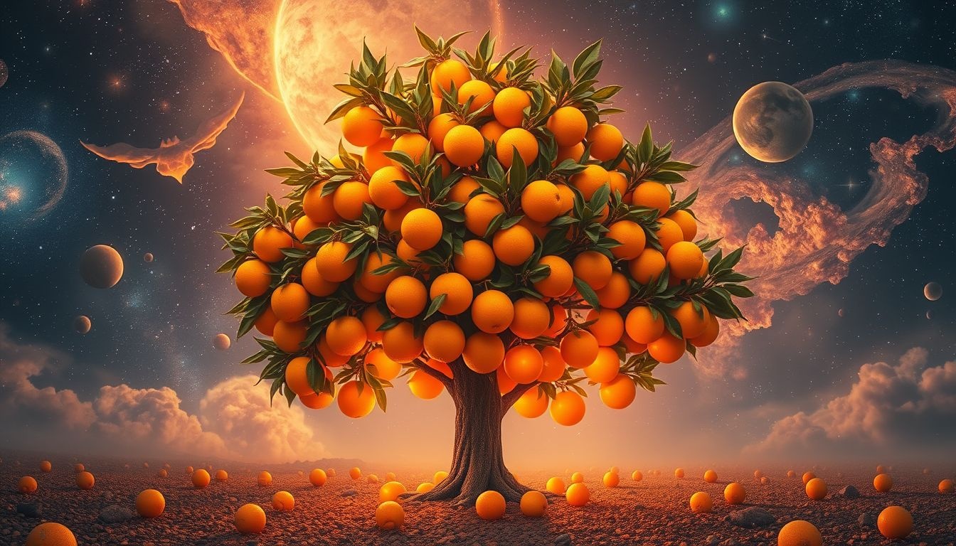 Een oranjeboom vol rijpe vruchten symboliseert voorspoed en vruchtbaarheid.