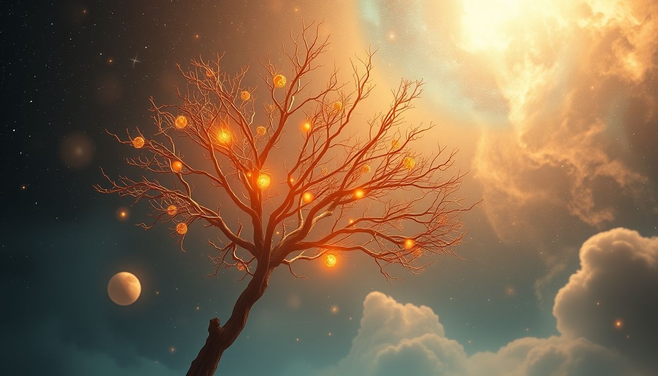 Een oranjeboom zonder bladeren symboliseert verlies of stilstand.