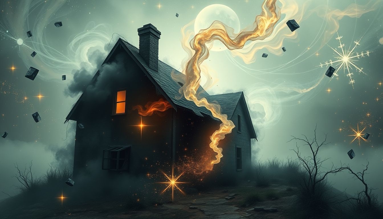 Een schoorsteenpijp in een verlaten huis symboliseert gemiste kansen.