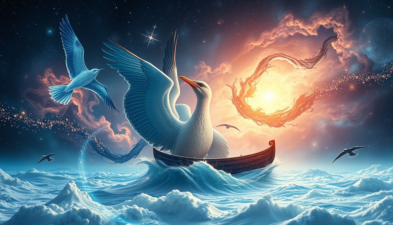 Een albatros en boot symboliseren reis, transitie en nieuw begin.