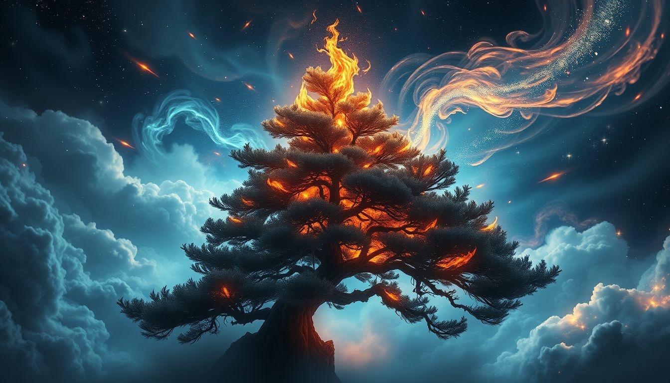 Een brandende zwarte spar symboliseert innerlijke transformatie en loslaten.