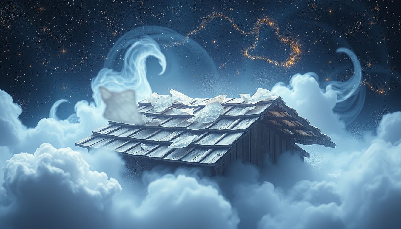 Oude dakpannen symboliseren herinneringen en verborgen kwetsbaarheden uit het verleden.