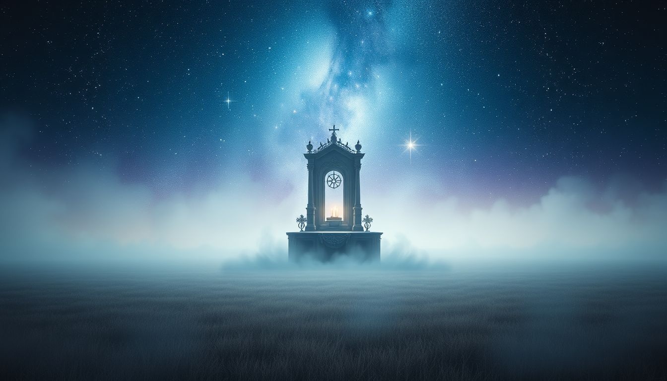 Een verlaten veldaltaar symboliseert vergeten spirituele verbindingen en verloren rust.