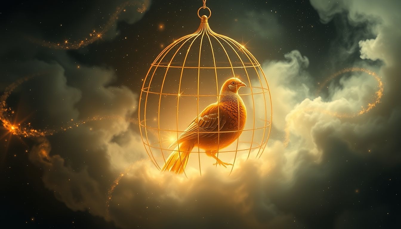 Een gouden fazant in een kooi symboliseert innerlijke conflicten en beperkingen.