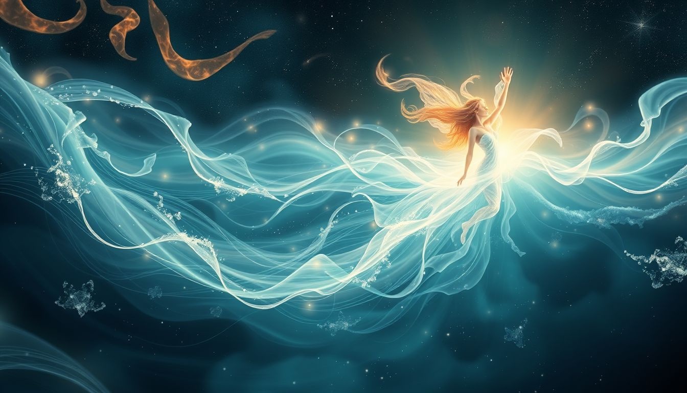 Een dansende waternimf symboliseert vloeiende emoties en innerlijke vrijheid.