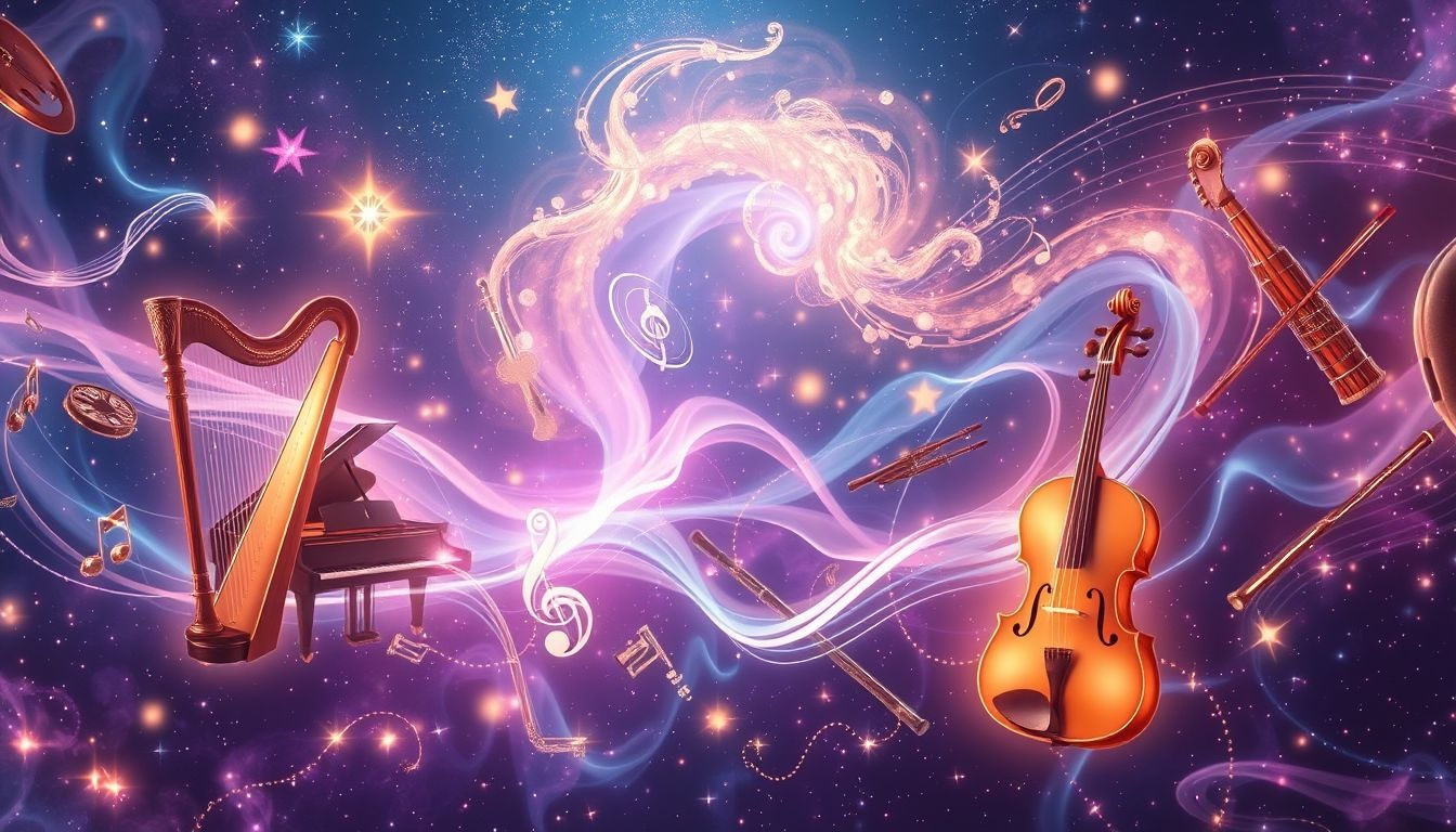Meerdere instrumenten spelen samen harmonie, symboliseren innerlijke balans.