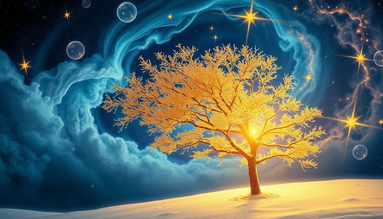 Een gele boom in winter symboliseert hoop te midden van tegenspoed.