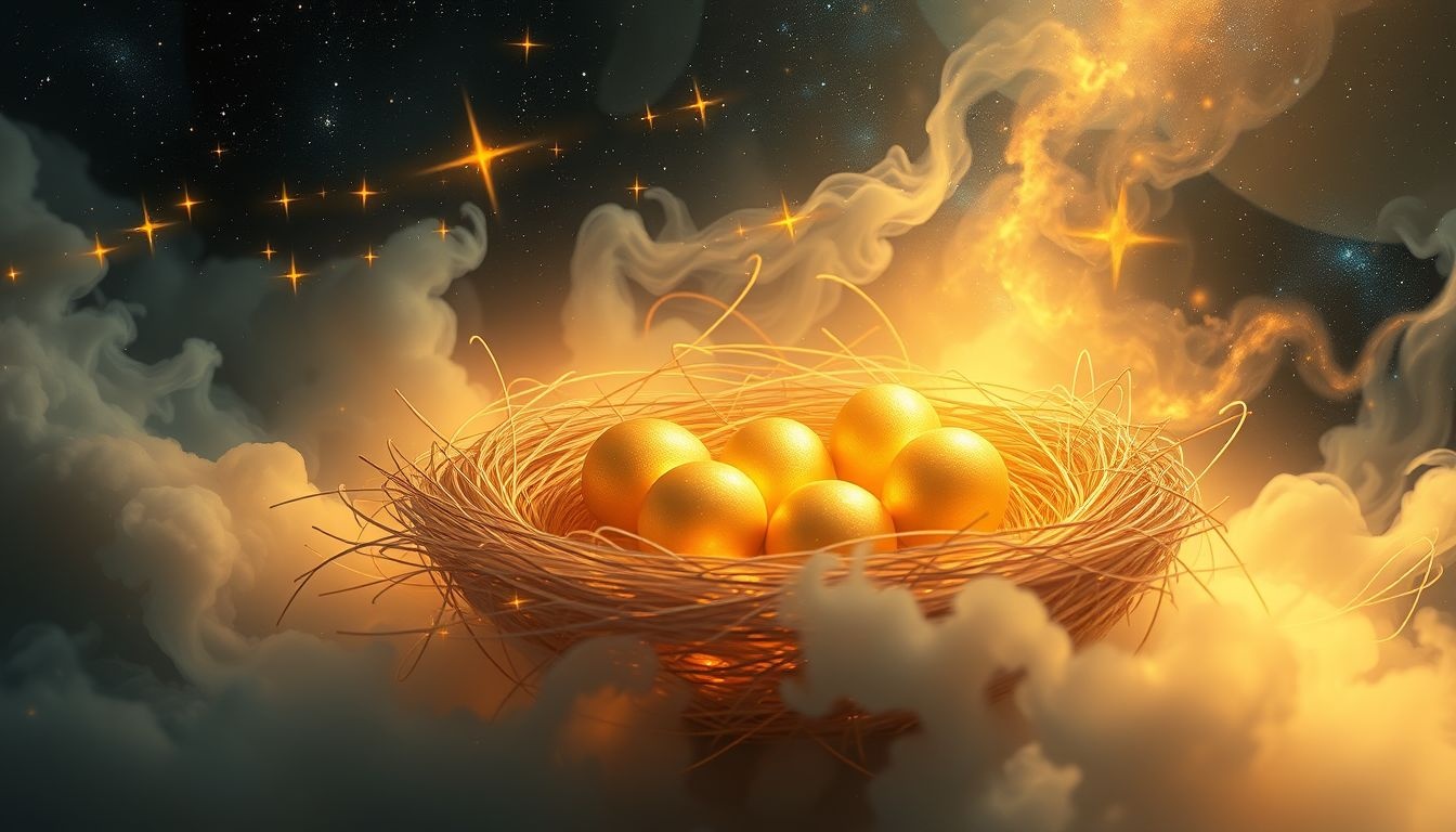 Een nest met gouden fazanteneieren symboliseert zeldzame kansen en welvaart.