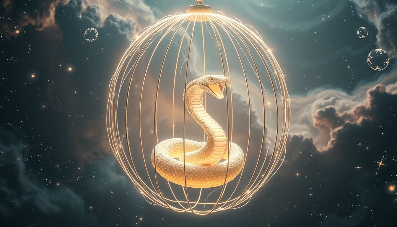 Een cobra in een kooi symboliseert ingehouden gevaar of macht.