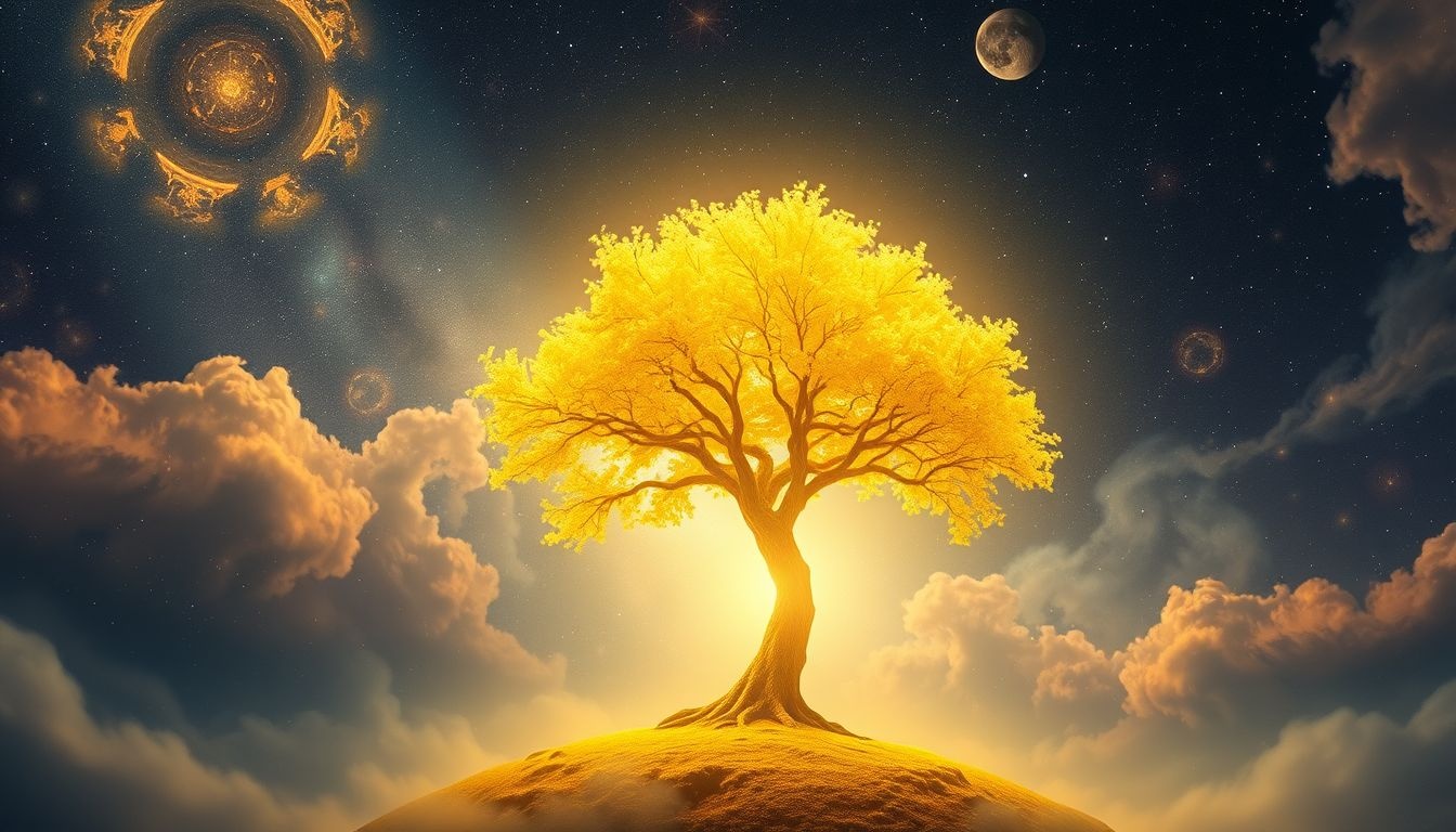Een gele boom die licht geeft symboliseert hoop en innerlijk inzicht.