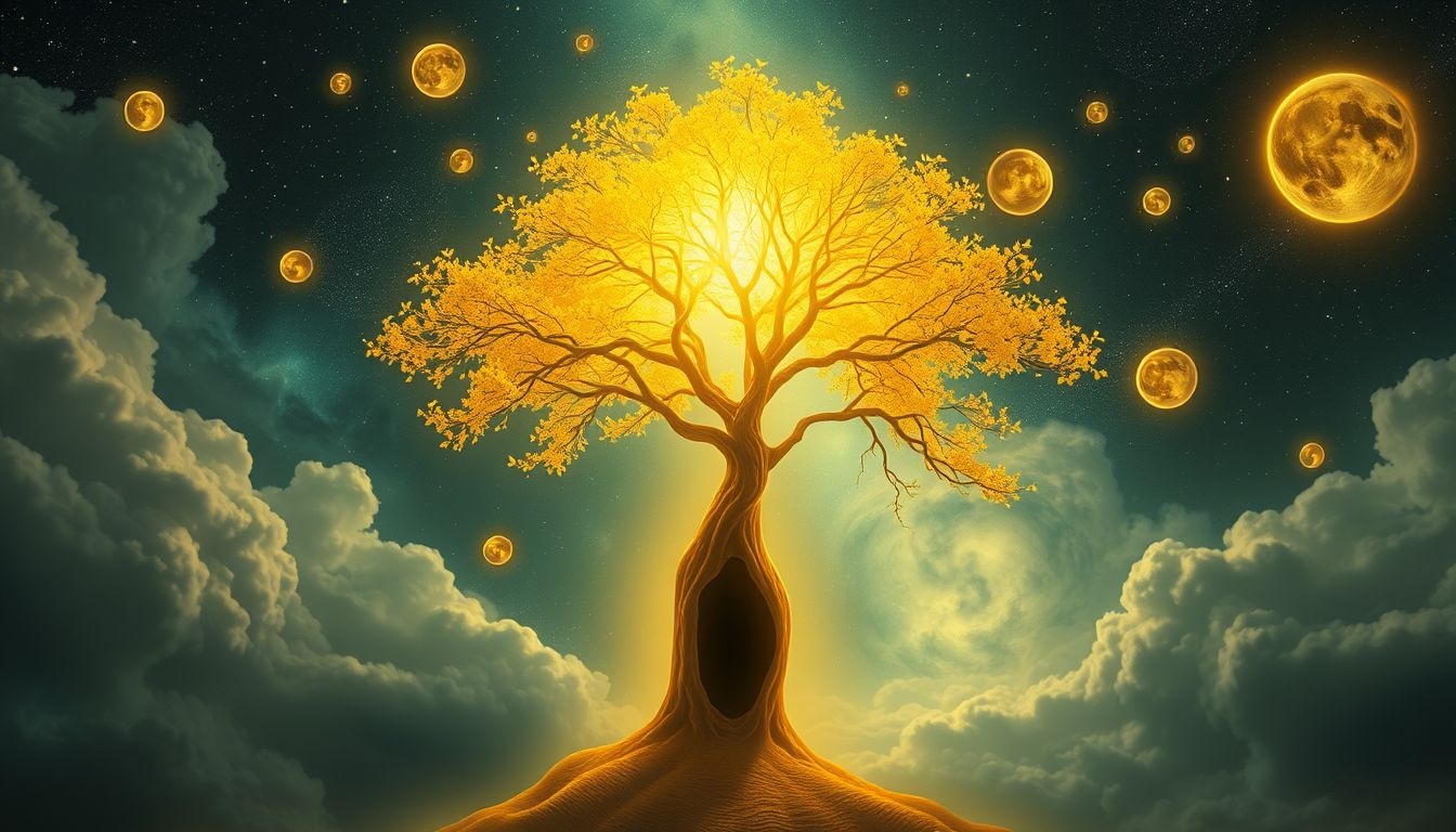 Een gele boom met holle stam symboliseert innerlijke wijsheid en groei.