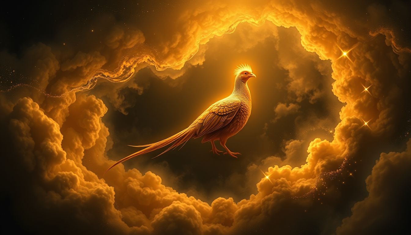 Een gouden fazant in donker symboliseert verborgen spirituele verlichting.