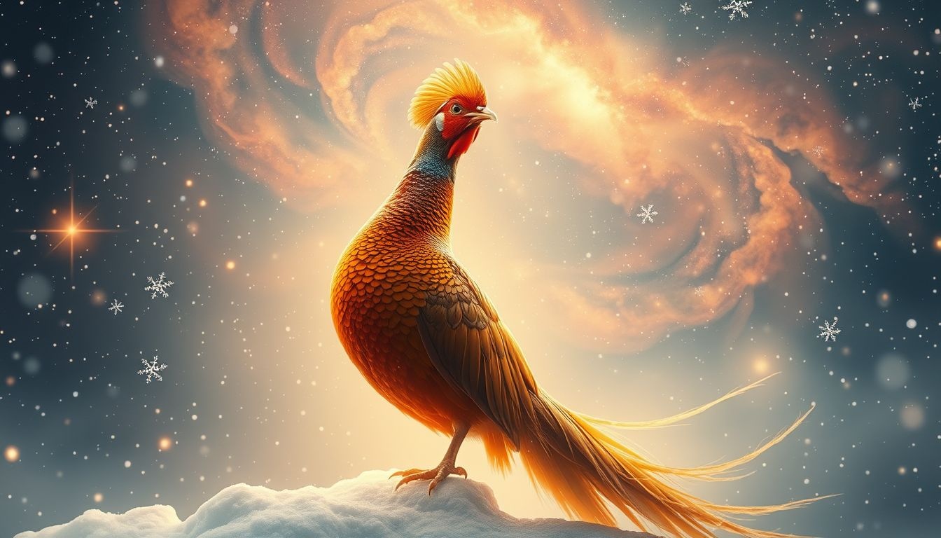 Een gouden fazant in winter symboliseert hoop en innerlijke kracht.