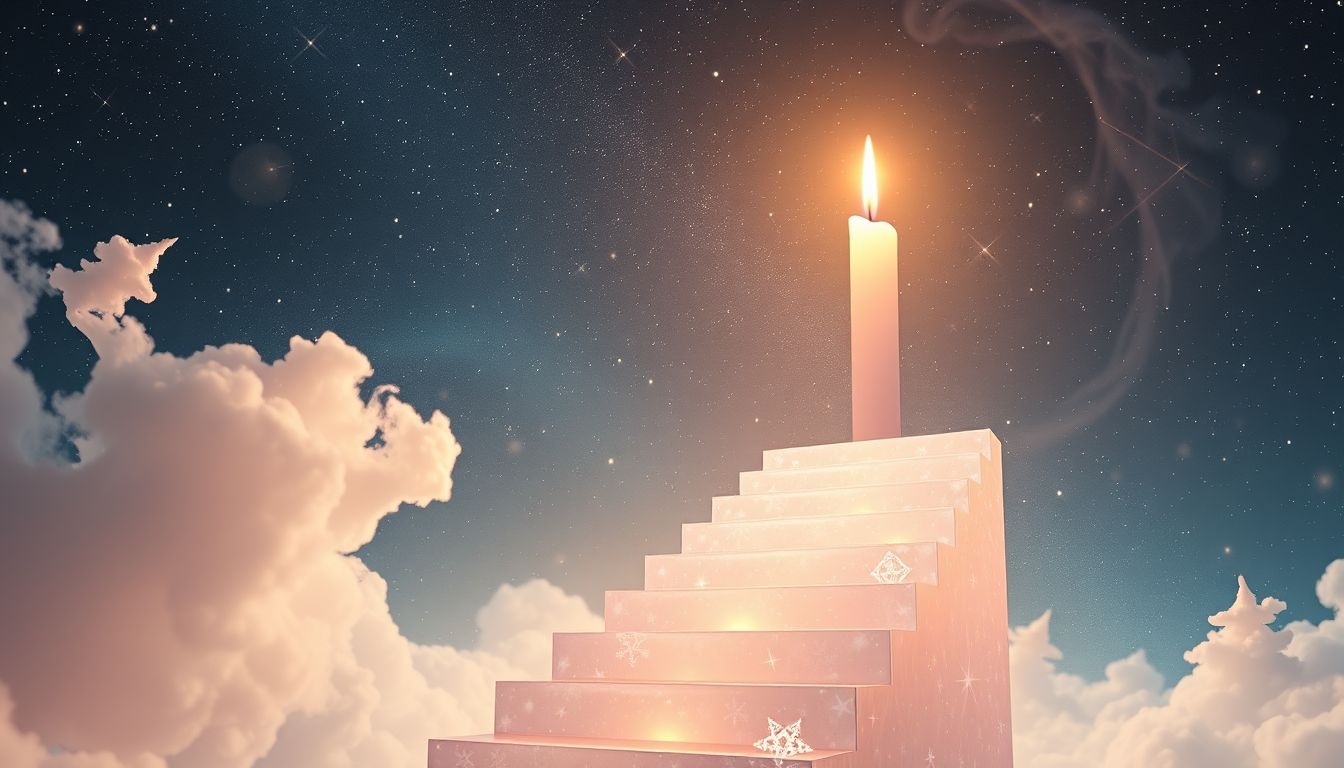 Een trap met kerstboomkaarsen symboliseert spirituele groei en verlichting.