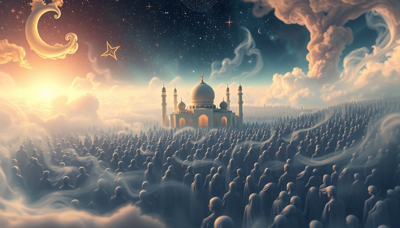Bidden in drukke moskee symboliseert verbondenheid en spirituele kracht.