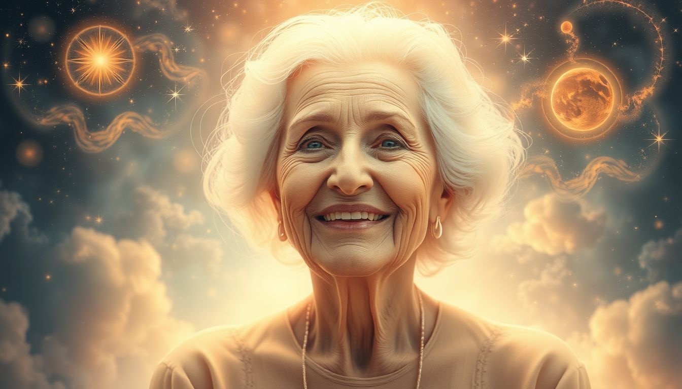 Een lachende oude vrouw symboliseert wijsheid en innerlijke vrede.