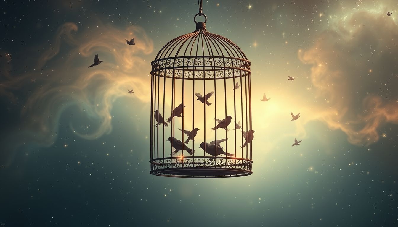 Een volière met gewone vogels symboliseert eenvoudige, ontspannen levensvreugde.