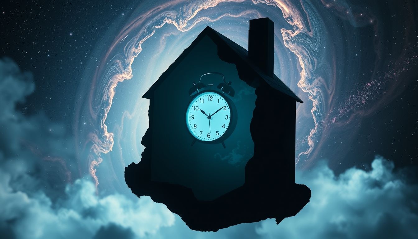 Een alarmklok in een verlaten huis symboliseert onopgeloste herinneringen.