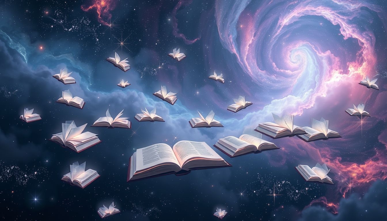 Dromen over 22 boeken symboliseren wijsheid en levenslessen.